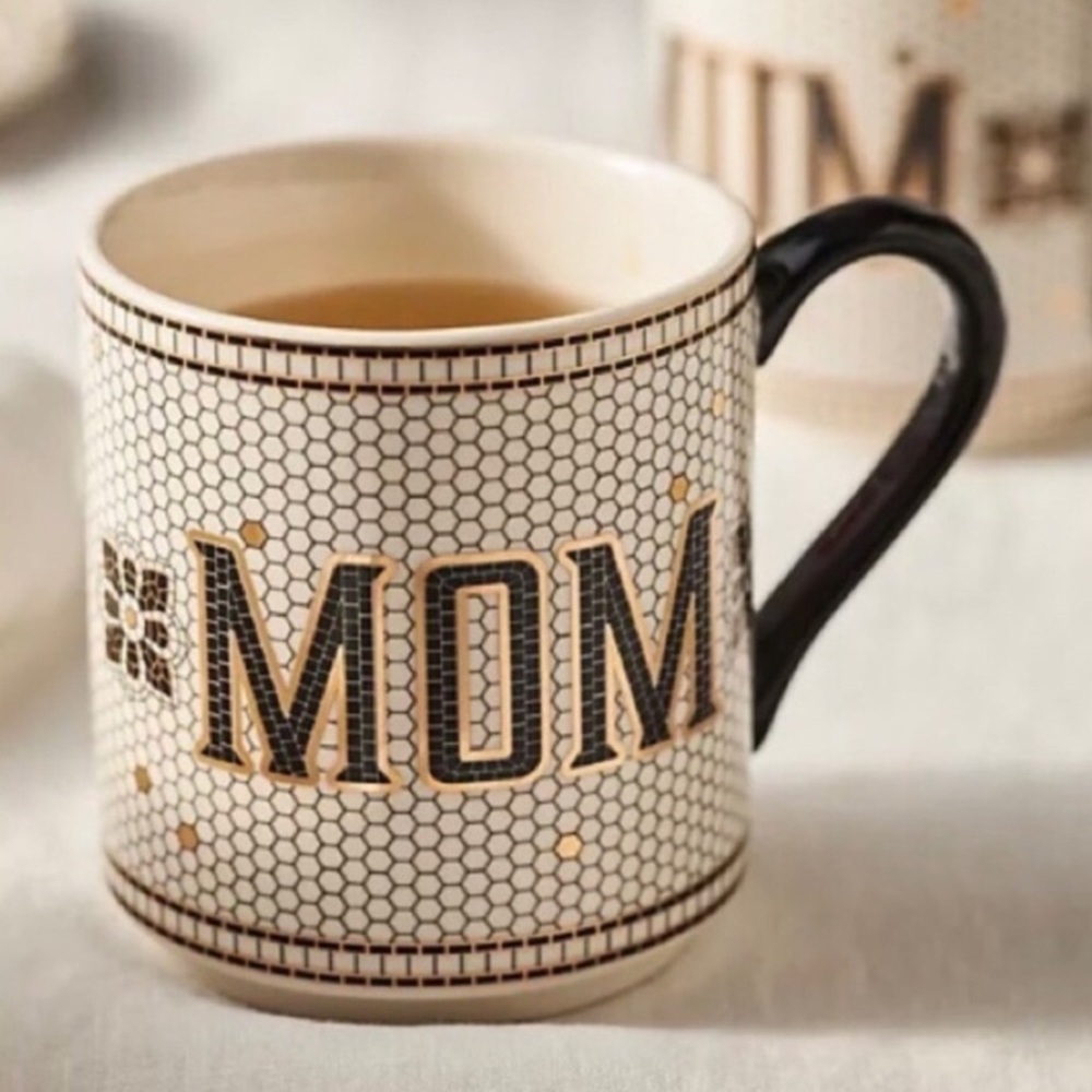 Anthropologie Bistro Tile Mom Mug 24K Gold Decaled Glazed Stoneware New In Box